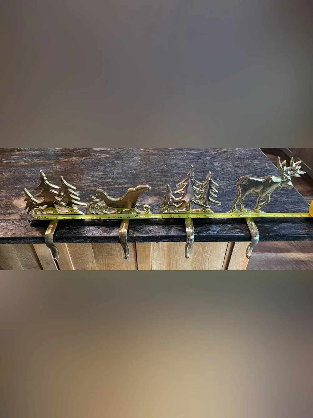 VTG Hallmark Metal Brass Tone Holiday Mantel Hooks Set - Sleigh, Trees & Moose